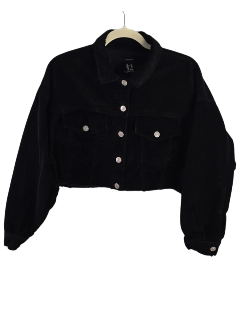 Forever 21 Black Ribbed Corduroy Crop Jacket Button Up Women's Size Small Black7